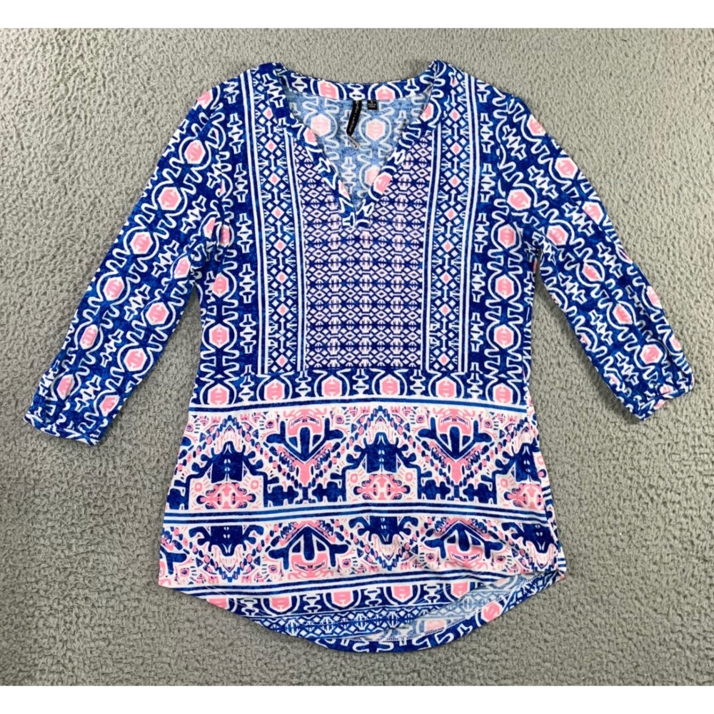 Tribal Tunic Top Women Small Blue Pink Geometric Tile Print Split V-Neck Vibrant